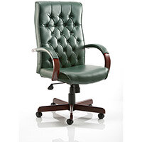 Chesterfield Traditional Executive Office Chair, Green Leather Seat & Back - Fixed Wooden Padded Arms, 5-Star Base