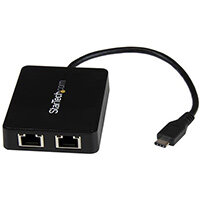 StarTech.com USB-C to Dual Gigabit Ethernet Adapter with USB (Type-A) Port, Wired, RJ-45, USB, 5000 Mbit/s, Black