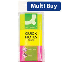 Q-Connect Quick Note Repositionable Pad 40x50mm Assorted Neon Pack of 3 Pads