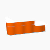 Wave Modern Design L-Shaped Reception Desk White Counter Top with Right Low Level Section & High Gloss Orange Front W3310xD1807xH1103mm Wave Modern Design L-Shaped Reception Desk White Counter Top with Right Low Level Section & High Gloss Orange Front W3310xD1807xH1103mm