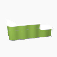 Wave Modern Design L-Shaped Reception Desk White Counter Top with Right Low Level Section Top & High Gloss Dark Green Front W3310xD1825xH1103mm Wave Modern Design L-Shaped Reception Desk White Counter Top with Right Low Level Section Top & High Gloss Dark Green Front W3310xD1825xH1103mm