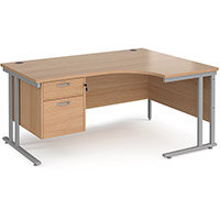 Maestro 25 Right Hand Ergonomic Desk 1600Mm Wide With 2 Drawer Pedestal - Silver Cantilever Leg Frame, Beech Top