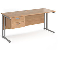 Maestro 25 Straight Desk 1600Mm X 600Mm With 2 Drawer Pedestal - Silver Cantilever Leg Frame, Beech Top