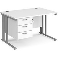 Maestro 25 Straight Desk 1200Mm X 800Mm With 3 Drawer Pedestal - Silver Cable Managed Leg Frame, White Top