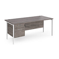 Maestro 25 Straight Desk 1800mm x 800mm With 2 Drawer Pedestal - White H-Frame Leg, Grey Oak Top