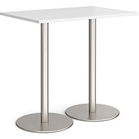 Monza Rectangular White Poseur Table with Flat Round Brushed Steel Bases 1200mmX800mm