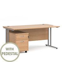 Maestro 25 SL straight desk 1600mm x 800mm with silver cantilever frame and 2 drawer pedestal - beech