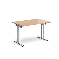 Rectangular folding leg table with chrome legs and straight foot rails 1200mm x 800mm - beech