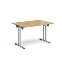 Rectangular folding leg table with chrome legs and straight foot rails 1200mm x 800mm - oak