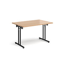 Rectangular folding leg table with black legs and straight foot rails 1200mm x 800mm - beech