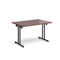Rectangular folding leg table with black legs and straight foot rails 1200mm x 800mm - walnut Rectangular folding leg table with black legs and straight foot rails 1200mm x 800mm - walnut