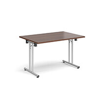 Rectangular folding leg table with silver legs and straight foot rails 1200mm x 800mm - walnut Rectangular folding leg table with silver legs and straight foot rails 1200mm x 800mm - walnut