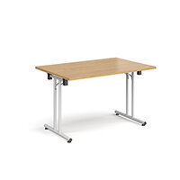 Rectangular folding leg table with white legs and straight foot rails 1200mm x 800mm - oak