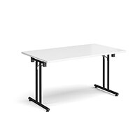 Rectangular folding leg table with black legs and straight foot rails 1400mm x 800mm - white