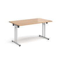 Rectangular folding leg table with silver legs and straight foot rails 1400mm x 800mm - beech