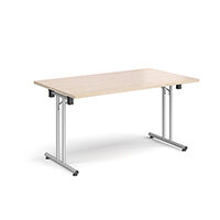 Rectangular folding leg table with silver legs and straight foot rails 1400mm x 800mm - maple Rectangular folding leg table with silver legs and straight foot rails 1400mm x 800mm - maple