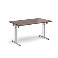 Rectangular folding leg table with silver legs and straight foot rails 1400mm x 800mm - walnut Rectangular folding leg table with silver legs and straight foot rails 1400mm x 800mm - walnut