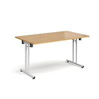 Rectangular folding leg table with white legs and straight foot rails 1400mm x 800mm - oak