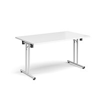 Rectangular folding leg table with white legs and straight foot rails 1400mm x 800mm - white