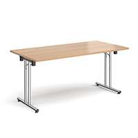 Rectangular folding leg table with chrome legs and straight foot rails 1600mm x 800mm - beech