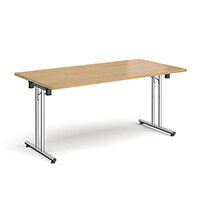 Rectangular folding leg table with chrome legs and straight foot rails 1600mm x 800mm - oak