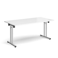 Rectangular folding leg table with chrome legs and straight foot rails 1600mm x 800mm - white