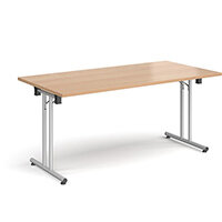 Rectangular folding leg table with silver legs and straight foot rails 1600mm x 800mm - beech