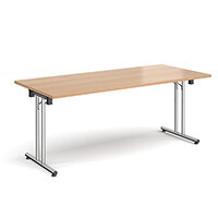Rectangular folding leg table with chrome legs and straight foot rails 1800mm x 800mm - beech