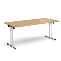 Rectangular folding leg table with chrome legs and straight foot rails 1800mm x 800mm - oak