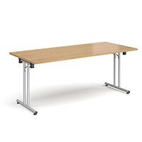 Rectangular folding leg table with silver legs and straight foot rails 1800mm x 800mm - oak