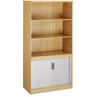 System Combination Bookcase With Horizontal Tambour & Glass Doors Beech HxWxD mm: 1600x1020x550