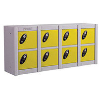 Probe MiniBox 8 Multi Door Strip Low Stackable Lockers Cam Lock ACTIVECOAT W900xD230xH415mm Silver Body Yellow Door 7 Year Warranty
