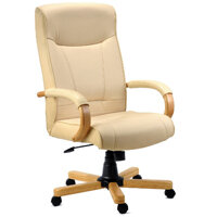 Knightsbridge Executive Cream Bonded Leather Faced Office Armchair With Light Oak Colour Wooden Arms And Legs