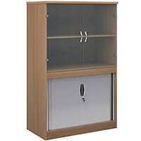 Systems combination unit with tambour doors and glass upper doors 1600mm high with 2 shelves - beech