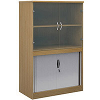 Systems combination unit with tambour doors and glass upper doors 1600mm high with 2 shelves - oak