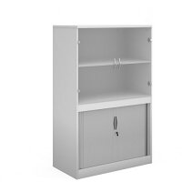 Systems Combination Unit With Tambour Doors And Glass Upper Doors 1600Mm High With 2 Shelves - White