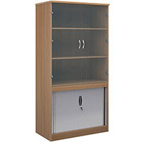 Systems combination unit with tambour doors and glass upper doors 2000mm high with 2 shelves - beech