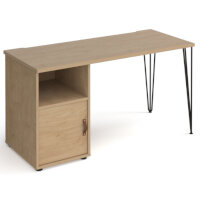 Tikal Straight Desk 1400Mm X 600Mm With Hairpin Leg And Support Pedestal With Cupboard Door - Black Legs, Oak Finish With Oak Door