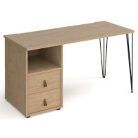 Tikal Straight Desk 1400Mm X 600Mm With Hairpin Leg And Support Pedestal With Drawers - Black Legs, Oak Finish With Oak Drawers