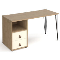 Tikal Straight Desk 1400Mm X 600Mm With Hairpin Leg And Support Pedestal With Drawers - Black Legs, Oak Finish With White Drawers