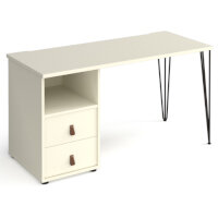 Tikal Straight Desk 1400Mm X 600Mm With Hairpin Leg And Support Pedestal With Drawers - Black Legs, White Finish With White Drawers