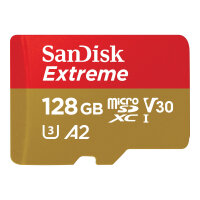 SanDisk Extreme - Flash memory card (microSDXC to SD adapter included) - 128 GB - A2 / Video Class V30 / UHS-I U3 / Class10 - microSDXC UHS-I