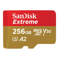 SanDisk Extreme - Flash memory card (microSDXC to SD adapter included) - 256 GB - A2 / Video Class V30 / UHS-I U3 / Class10 - microSDXC UHS-I