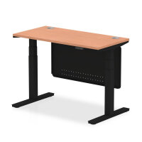 Air 1200 x 600mm Height Adjustable Desk Beech Top Cable Ports Black Leg With Black Steel Modesty Panel