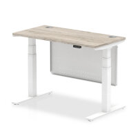 Air 1200 x 600mm Height Adjustable Desk Grey Oak Top Cable Ports White Leg With White Steel Modesty Panel