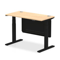 Air 1200 x 600mm Height Adjustable Desk Maple Top Cable Ports Black Leg With Black Steel Modesty Panel