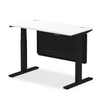 Air 1200 x 600mm Height Adjustable Desk White Top Cable Ports Black Leg With Black Steel Modesty Panel