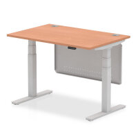 Air 1200 x 800mm Height Adjustable Desk Beech Top Cable Ports Silver Leg With Silver Steel Modesty Panel