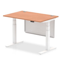 Air 1200 x 800mm Height Adjustable Desk Beech Top Cable Ports White Leg With White Steel Modesty Panel