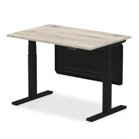 Air 1200 x 800mm Height Adjustable Desk Grey Oak Top Cable Ports Black Leg With Black Steel Modesty Panel